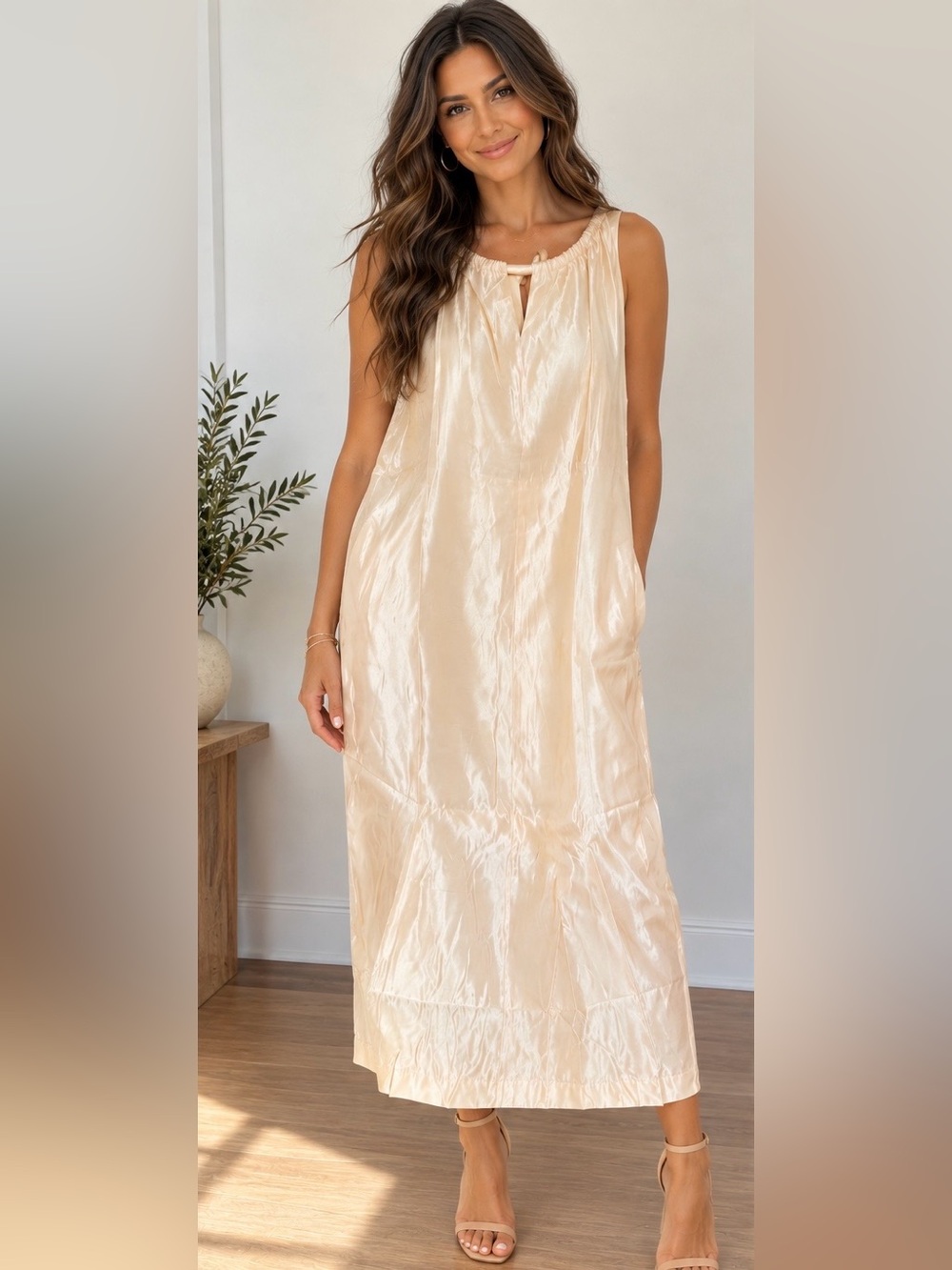 Heyson Satin Shiny Maxi Dress Champagne Ivory Size L Sleeveless NWT
